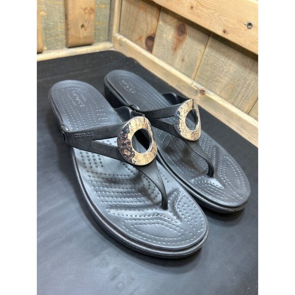 Womens Crocs Wedge Sandals Metallic Circle Detail Black Dual Comfort Size 11 - Picture 2 of 8